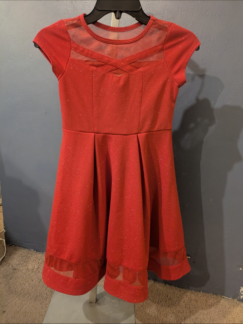 Girls Sz 12 Red Sparkle Stretch Fit & Flare Dress Semi Formal But Feels Casual